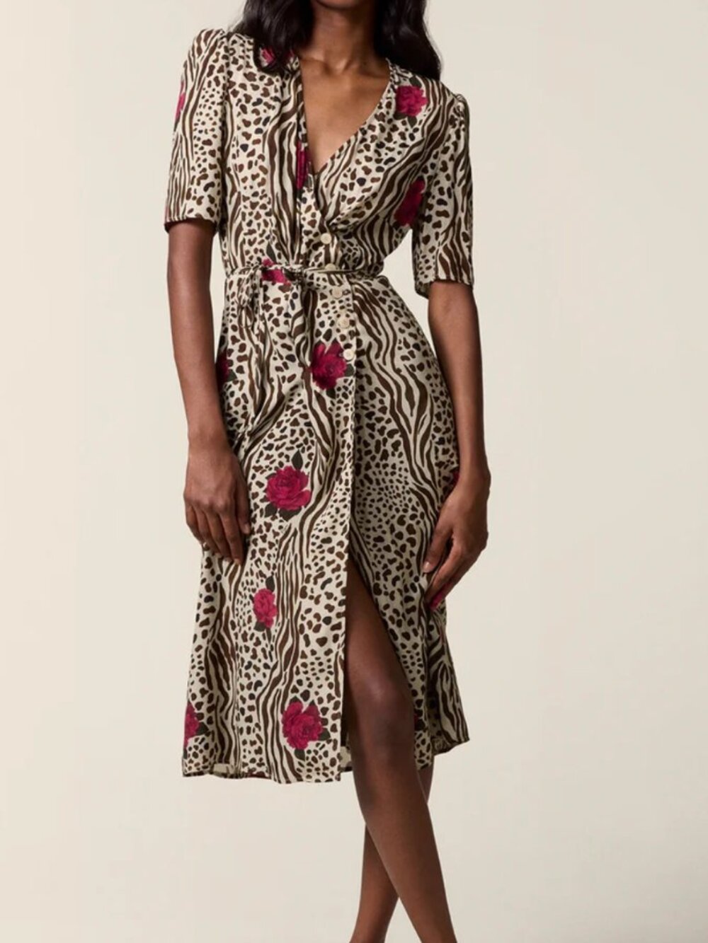 Rouje Midi Wrap Dress in Magenta and Cream Animal Print
